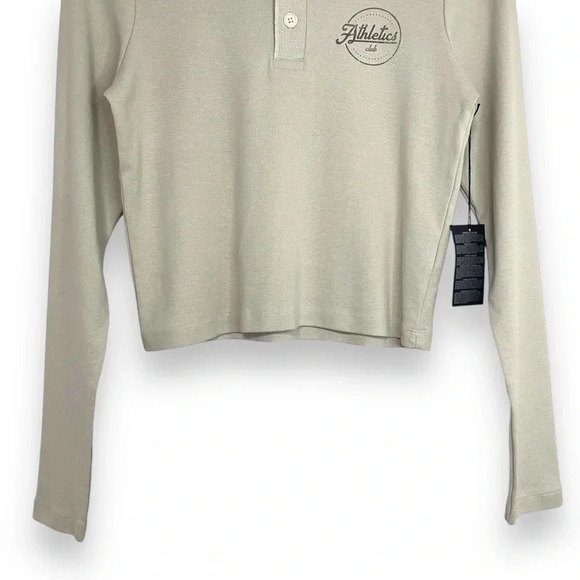 Forever 21 Henley Long Sleeve Shirt "Athletic" Logo Women's M Taupe Buttons - Picture 3 of 11